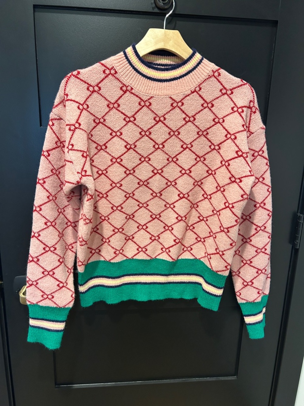 Pink Geometric Crewneck Sweater with Green Trim